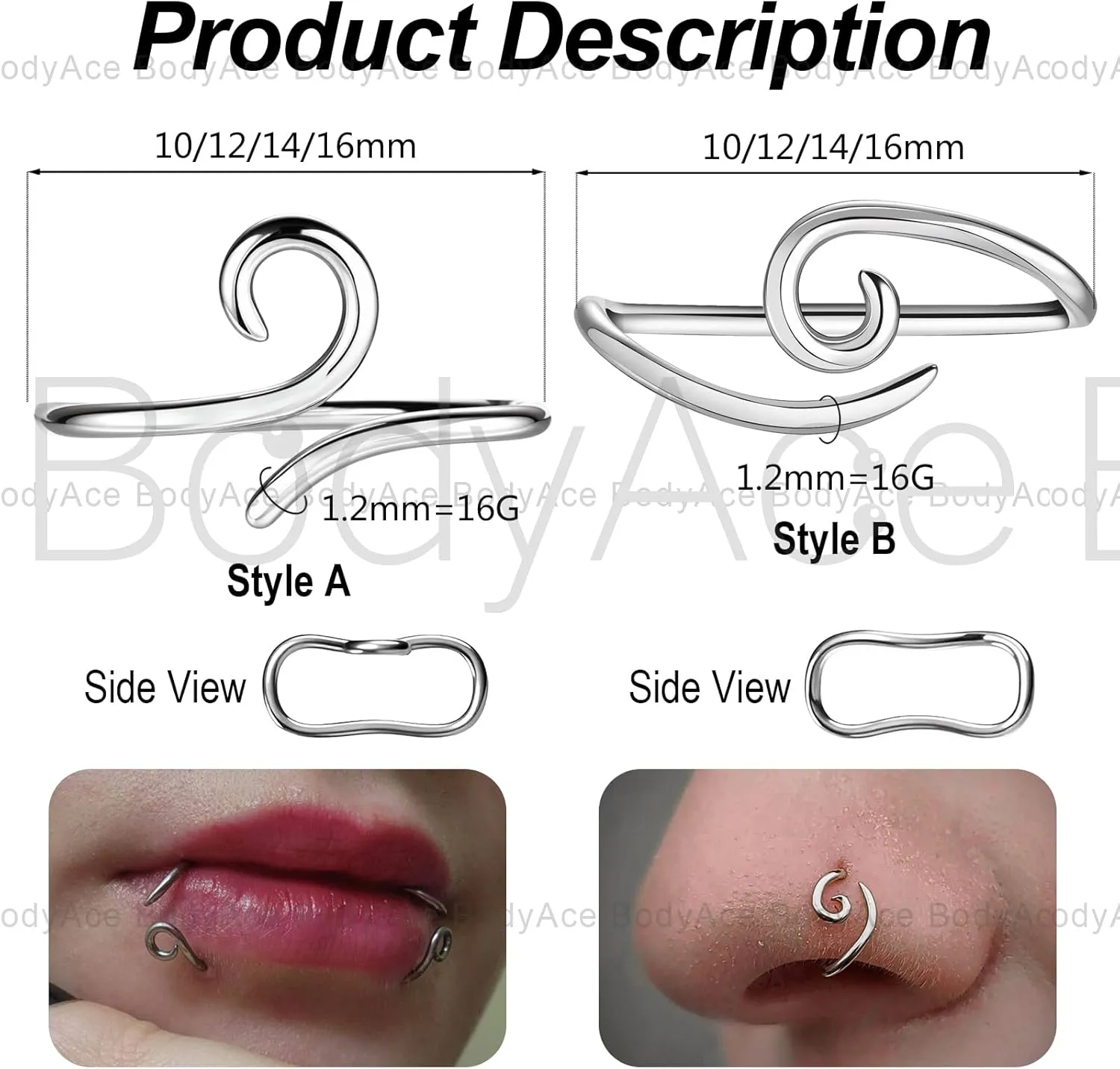 BodyAce 925 Sterling Silver Bridge Piercing Jewelry 16G Niobium Spiral Rings for Lip Eyebrow Helix Cartilage Earrings Wukong Tight Hoop Band Nose Ring
