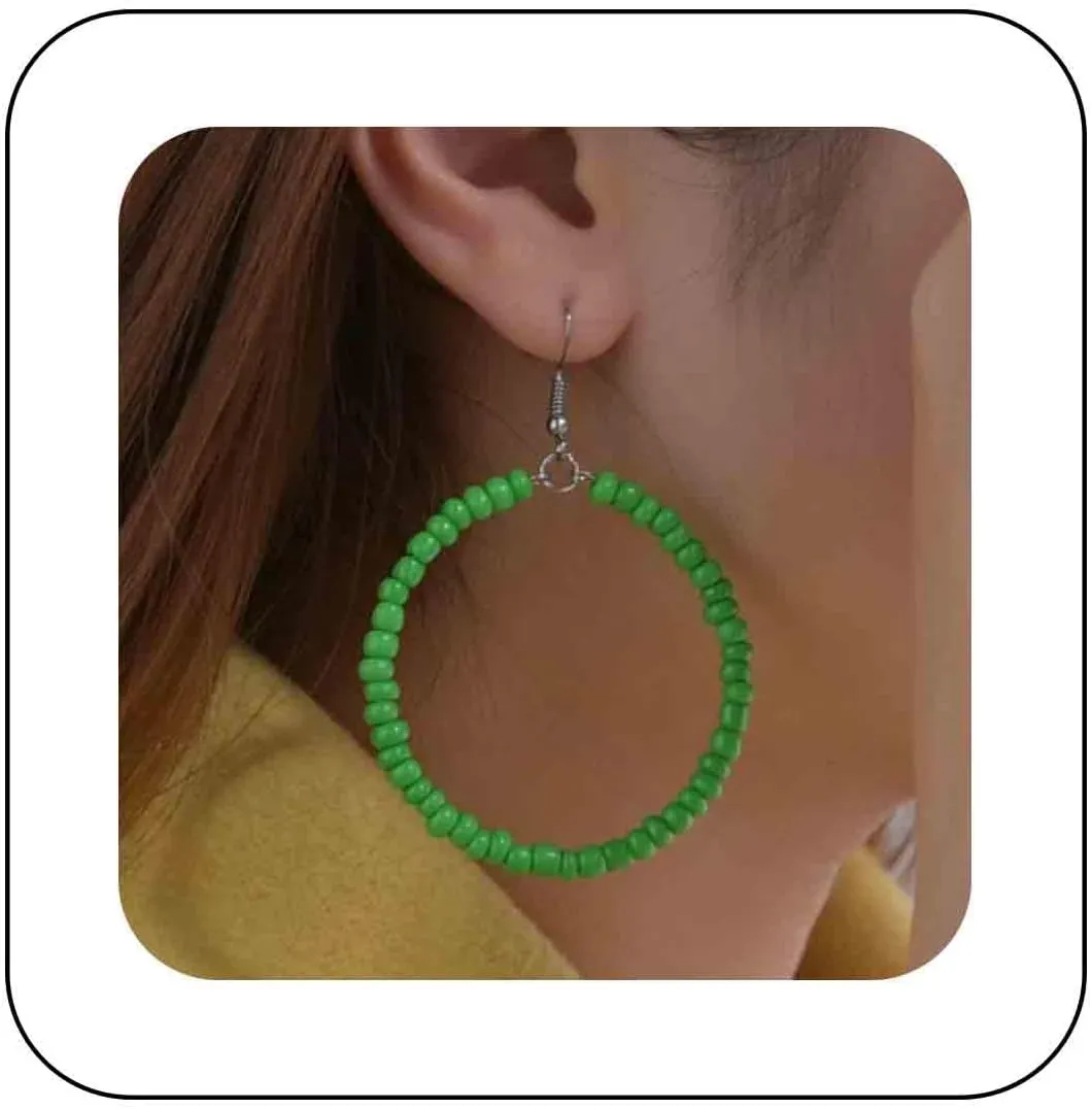 Bohemia Seed Bead Circle Dangle Earrings Green Seed Bead Earrings Rice Bead Hoop Drop Earrings Green Beaded Circle Earrings Jewelry for Women