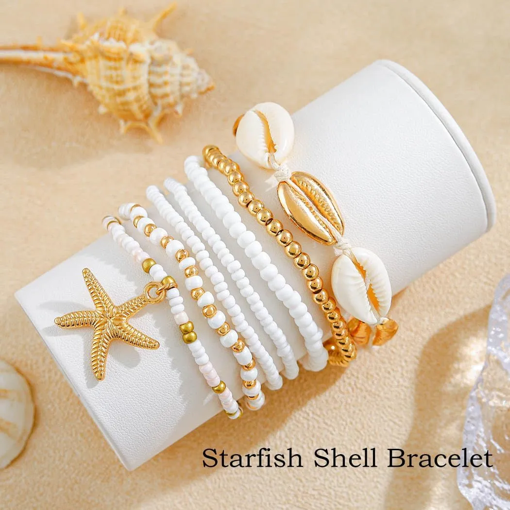 Boho Beach Bracelets Summer Beaded Bracelets for Women Gold Layered Bracelet Set Pearl Shell Bracelet Ocean Adjustable Bangle