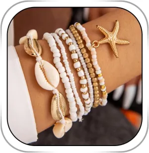 Boho Beach Bracelets Summer Beaded Bracelets for Women Gold Layered Bracelet Set Pearl Shell Bracelet Ocean Adjustable Bangle