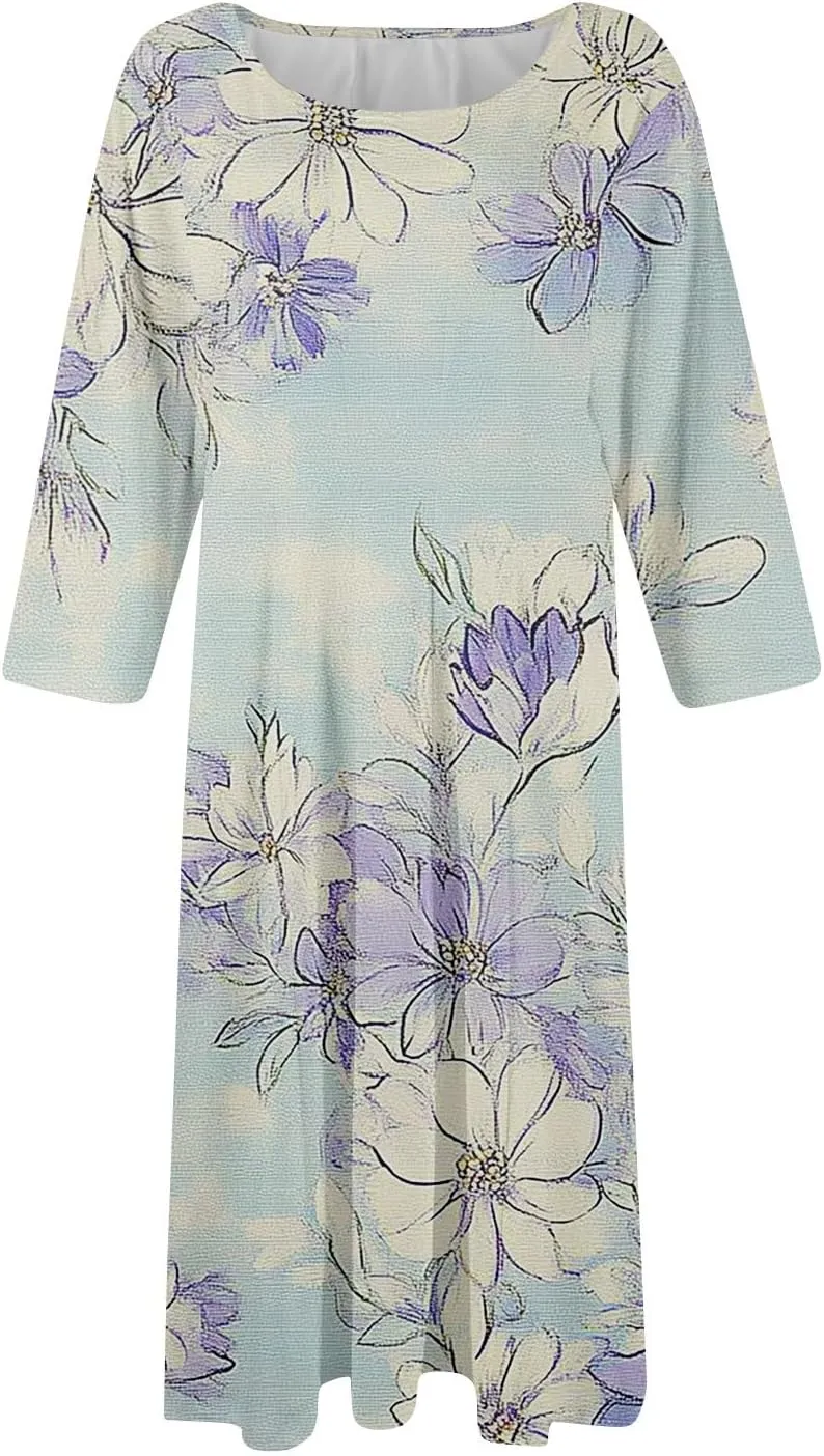 Boho Floral Dress for Women 3/4 Sleeve Summer Wrap Dress Ruched Midi Spring Flowy Vacation Dresses with Pocket