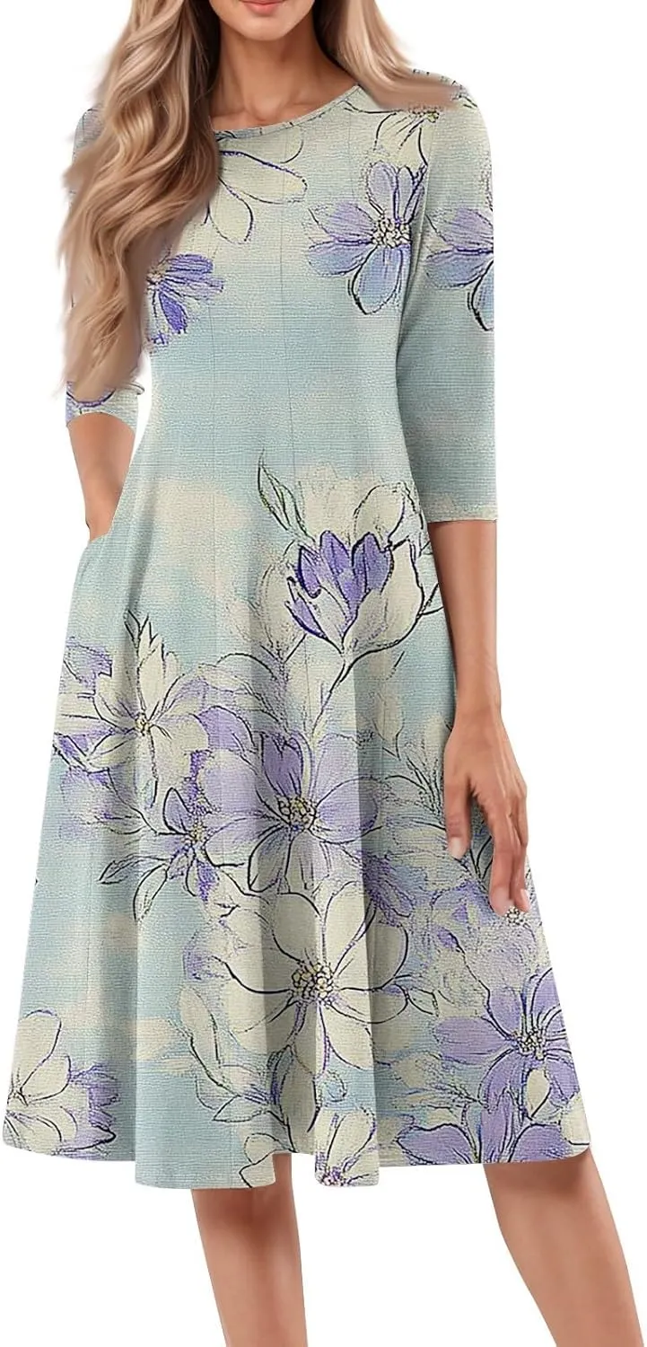 Boho Floral Dress for Women 3/4 Sleeve Summer Wrap Dress Ruched Midi Spring Flowy Vacation Dresses with Pocket