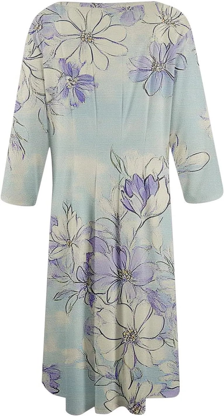 Boho Floral Dress for Women 3/4 Sleeve Summer Wrap Dress Ruched Midi Spring Flowy Vacation Dresses with Pocket