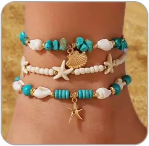 Boho Starfish Anklet Bracelets for Women Waterproof Shell Anklets Multicolor Beaded Anklets Gold Layered Summer Beach Charm Anklet Jewelry
