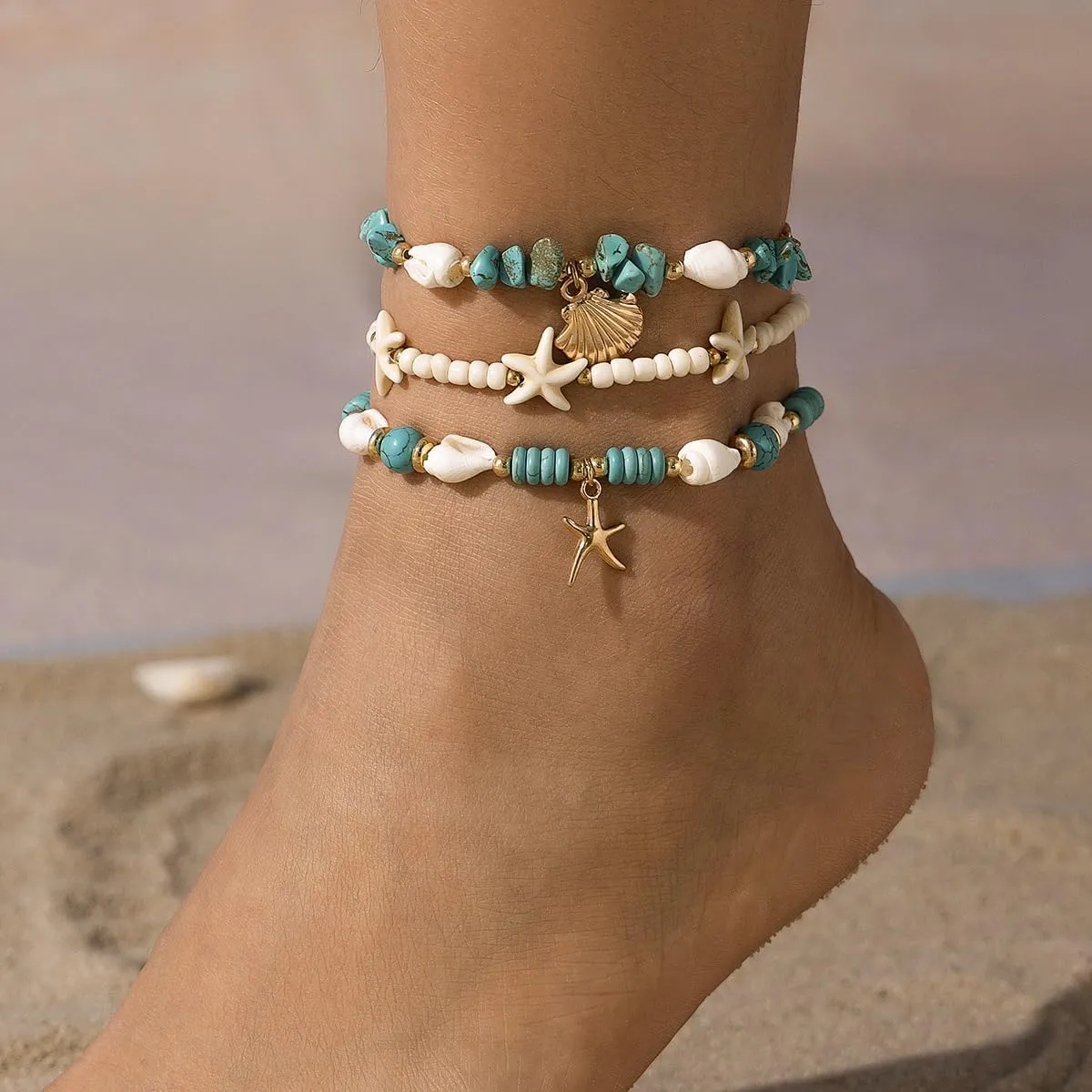 Boho Starfish Anklet Bracelets for Women Waterproof Shell Anklets Multicolor Beaded Anklets Gold Layered Summer Beach Charm Anklet Jewelry