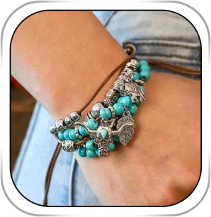 Boho Turquoise Bracelet Leather Beaded Bracelets Western Cowgirl Bracelet Layered Adjustable Bracelets for Women Holiday