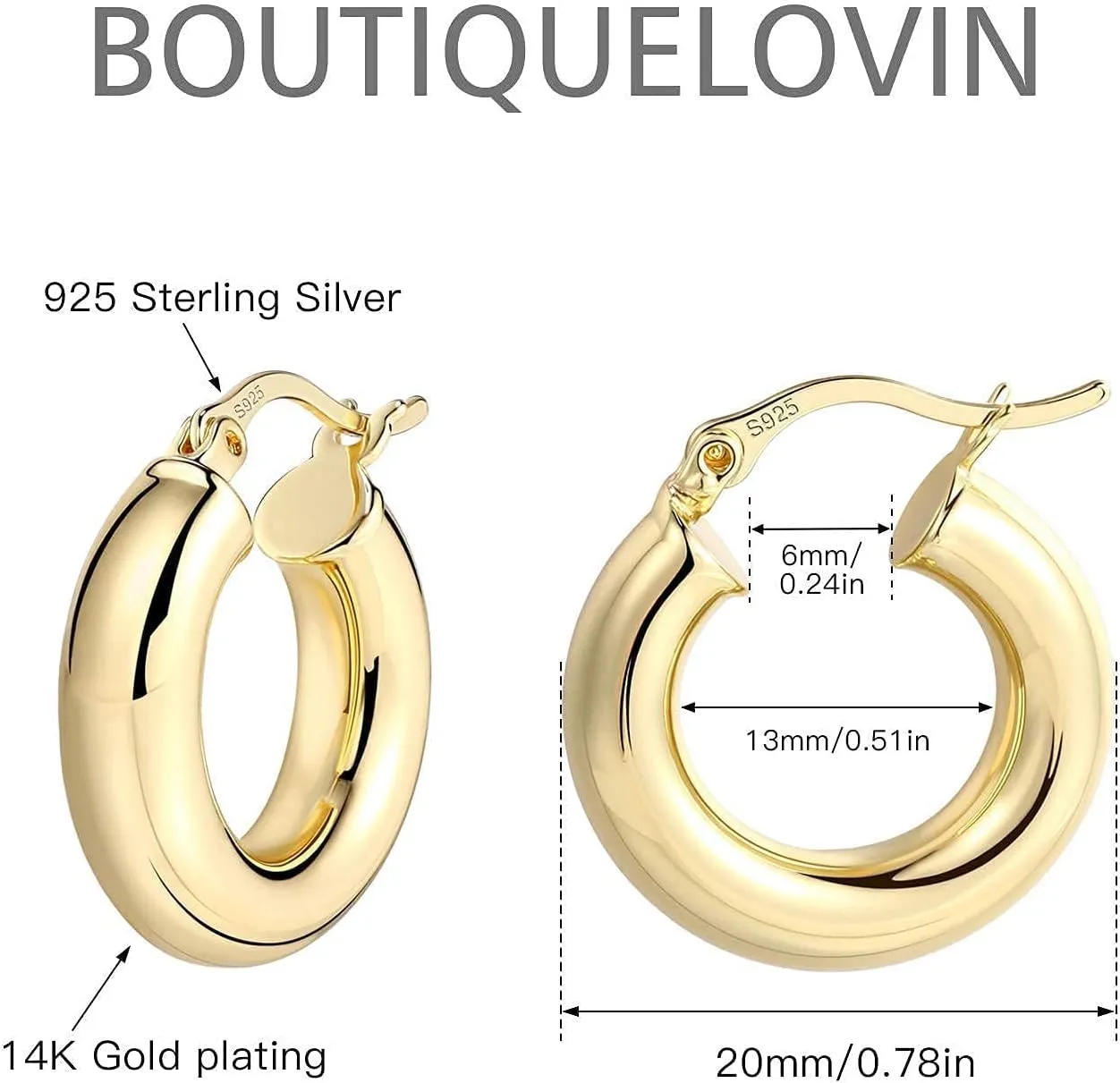 BOUTIQUELOVIN 14K Gold Plated Hoop Earrings for Women Hypoallergenic Thick Chunky Hoop Earrings Lightweight Tube Design