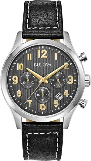 Bulova Men's Classic Stainless Steel 6-Hand Chronograph Quartz Leather Strap Watch with Grey Dial, Gold Accents, Arabic Markers, 41mm