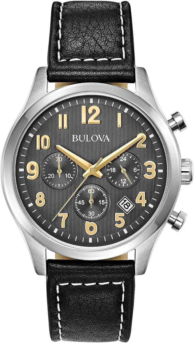 Bulova Men's Classic Stainless Steel 6-Hand Chronograph Quartz Leather Strap Watch with Grey Dial, Gold Accents, Arabic Markers, 41mm
