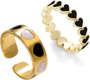 Caiyao 2 Pcs Colorful Enamel Cute Sweet Heart Plain Stackable Finger Ring Gold Band Rings Set Friendship Wedding Festival Jewelry for Women Teens
