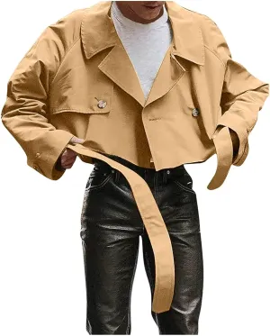 Cambkatl Men's Crop Trench Coat, Fashion Double-Breasted Notched Lapel Windbreaker Jacket Windproof Short Belted Overcoat