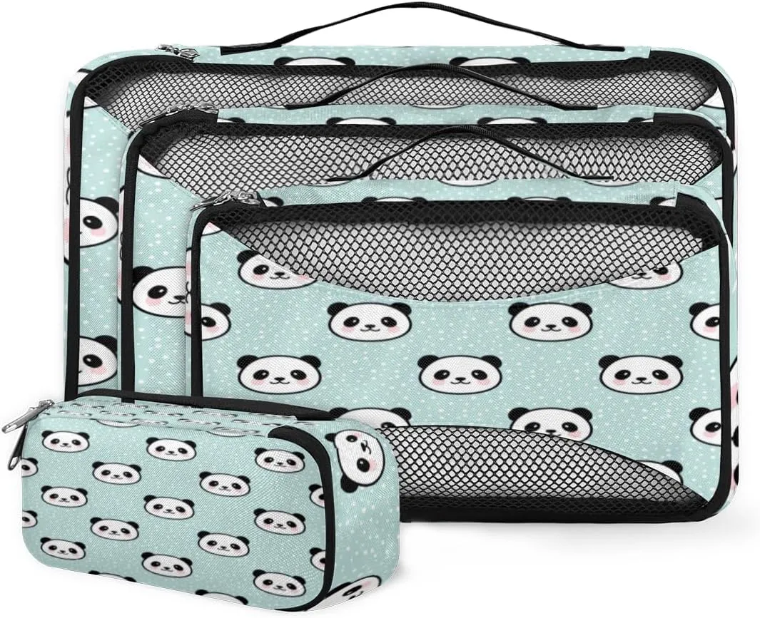 Cartoon Panda 4 Piece Packing Travel Organizer Cubes Set Mesh Fabric Ventilate Design Lightweight Travel Accessories 4 Sizes (Extra Large, Large, Medium, Small)