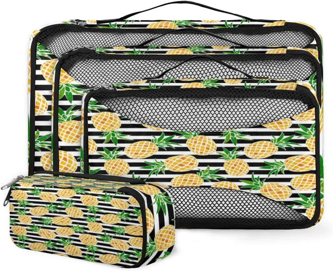 Cartoon Pineapple 4 Piece Packing Travel Organizer Cubes Set Mesh Fabric Ventilate Design Lightweight Travel Accessories 4 Sizes (Extra Large, Large, Medium, Small)