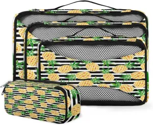 Cartoon Pineapple 4 Piece Packing Travel Organizer Cubes Set Mesh Fabric Ventilate Design Lightweight Travel Accessories 4 Sizes (Extra Large, Large, Medium, Small)