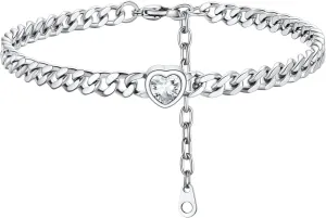 ChainsHouse Cuban Chain Anklets for Women,Stainless Steel Black 6mm Link Chain Ankle Bracelet with Heart Birthstone Jan - Dec 12 Months, 22cm-27cm Adjustable, with Gift Box