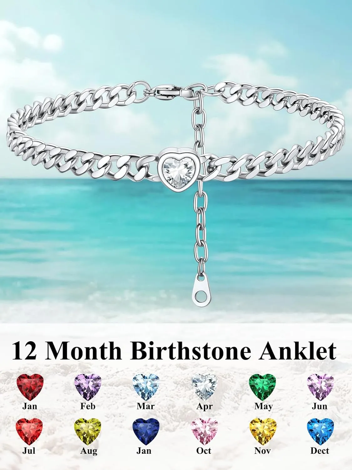 ChainsHouse Cuban Chain Anklets for Women,Stainless Steel Black 6mm Link Chain Ankle Bracelet with Heart Birthstone Jan - Dec 12 Months, 22cm-27cm Adjustable, with Gift Box