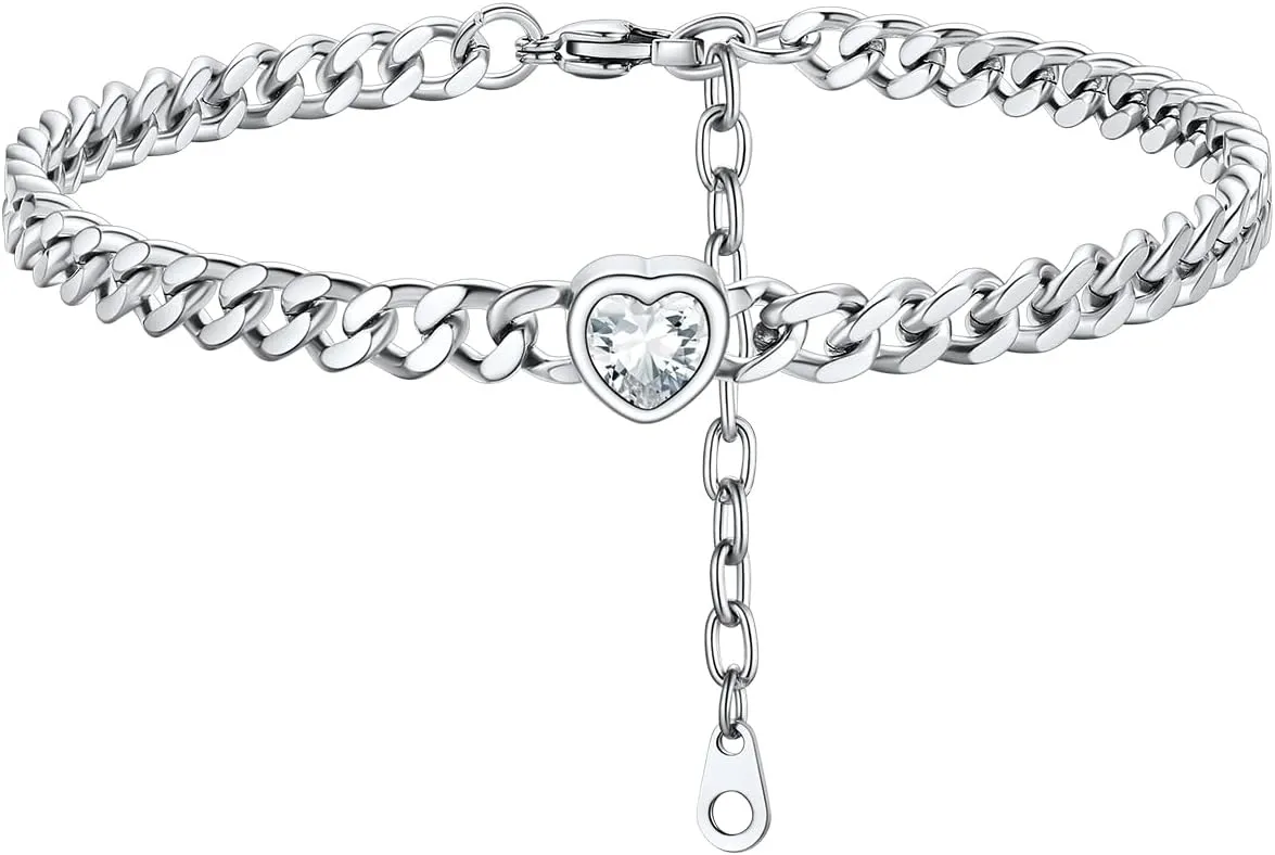 ChainsHouse Cuban Chain Anklets for Women,Stainless Steel Black 6mm Link Chain Ankle Bracelet with Heart Birthstone Jan - Dec 12 Months, 22cm-27cm Adjustable, with Gift Box