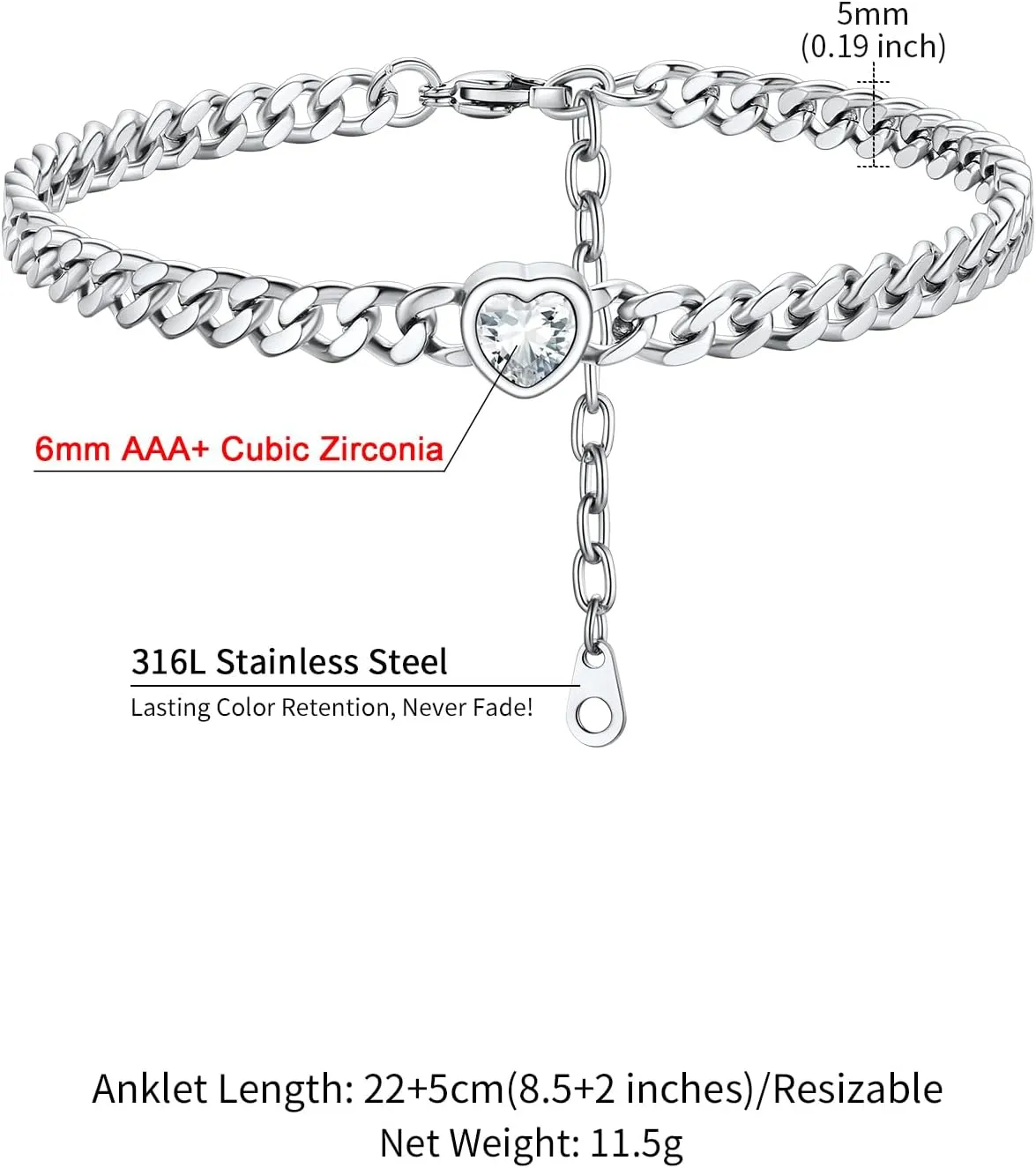 ChainsHouse Cuban Chain Anklets for Women,Stainless Steel Black 6mm Link Chain Ankle Bracelet with Heart Birthstone Jan - Dec 12 Months, 22cm-27cm Adjustable, with Gift Box
