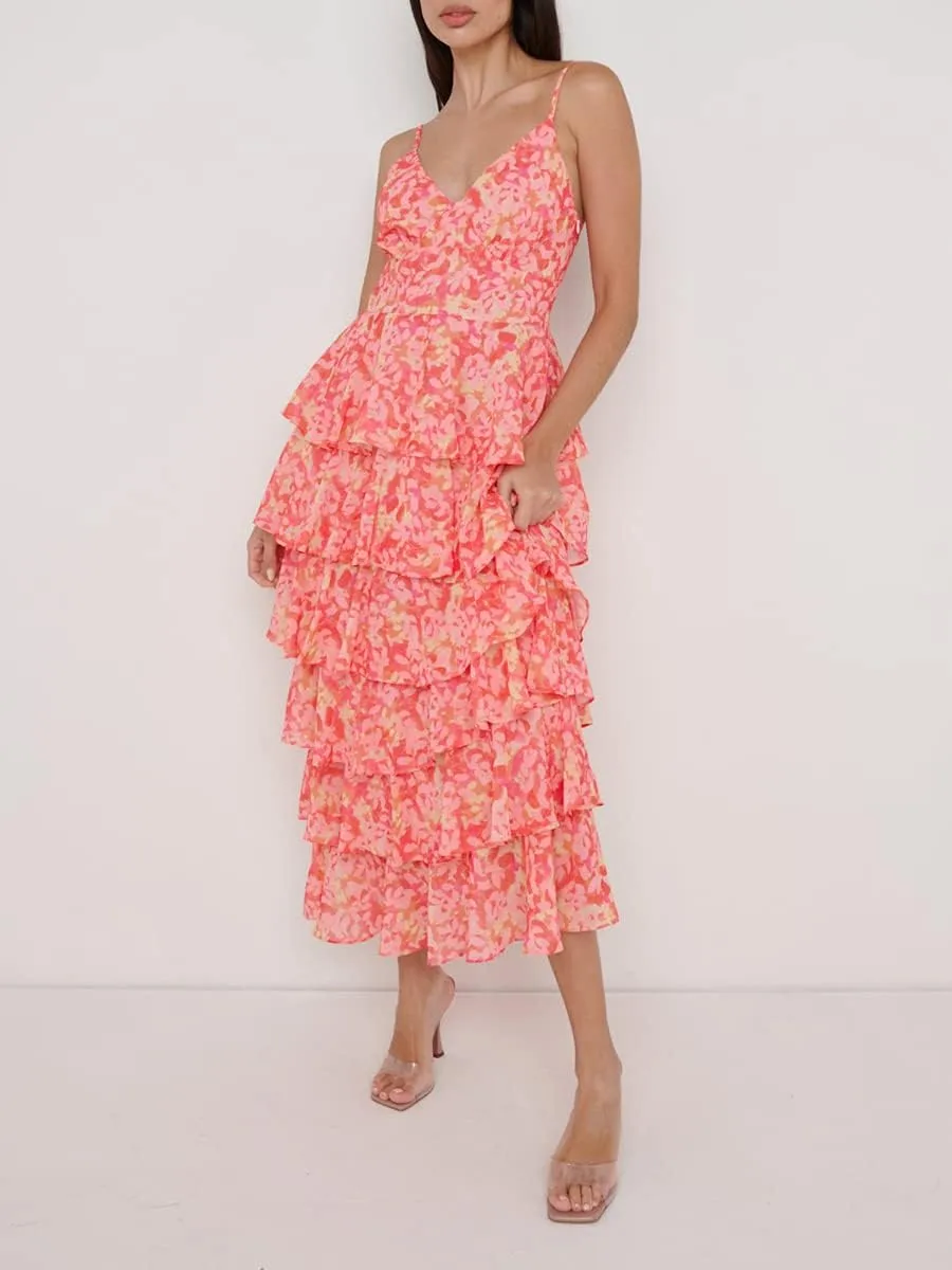 Chloefairy Sexy Women's Floral Cake Dress Sleeveless Ruffle Tiered V-Neck Summer Cami Maxi Dress Beach Party Clubwear