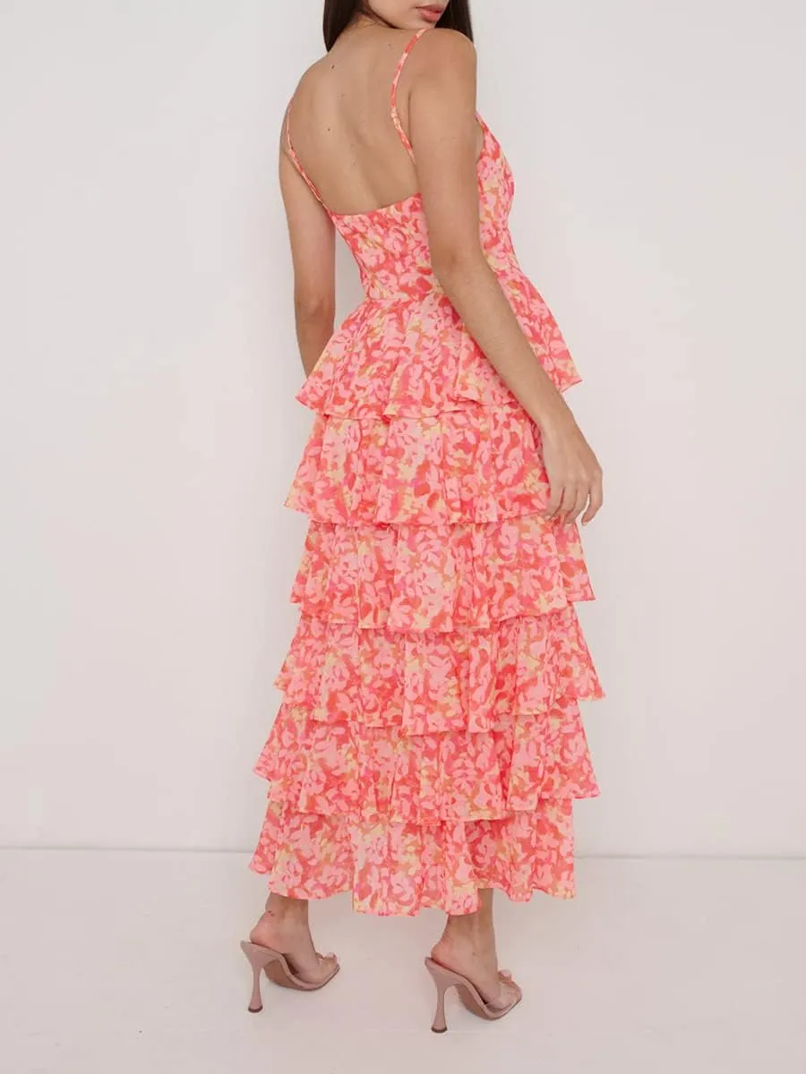 Chloefairy Sexy Women's Floral Cake Dress Sleeveless Ruffle Tiered V-Neck Summer Cami Maxi Dress Beach Party Clubwear