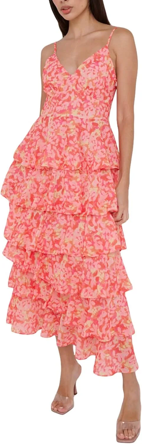 Chloefairy Sexy Women's Floral Cake Dress Sleeveless Ruffle Tiered V-Neck Summer Cami Maxi Dress Beach Party Clubwear