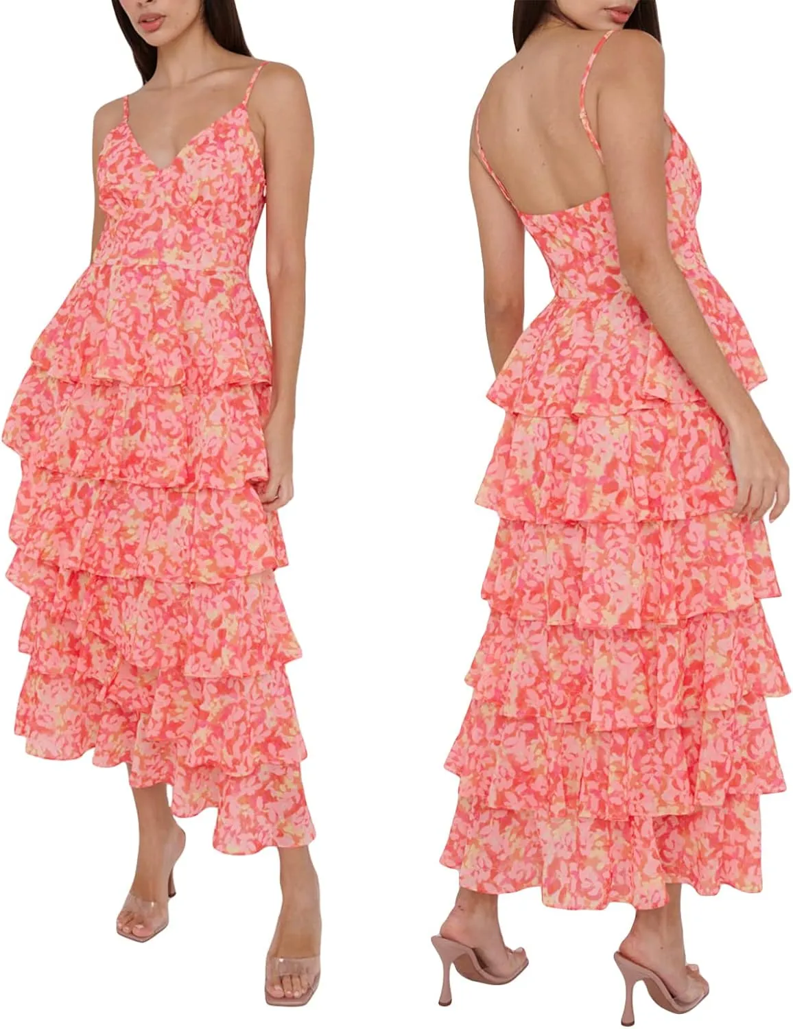 Chloefairy Sexy Women's Floral Cake Dress Sleeveless Ruffle Tiered V-Neck Summer Cami Maxi Dress Beach Party Clubwear