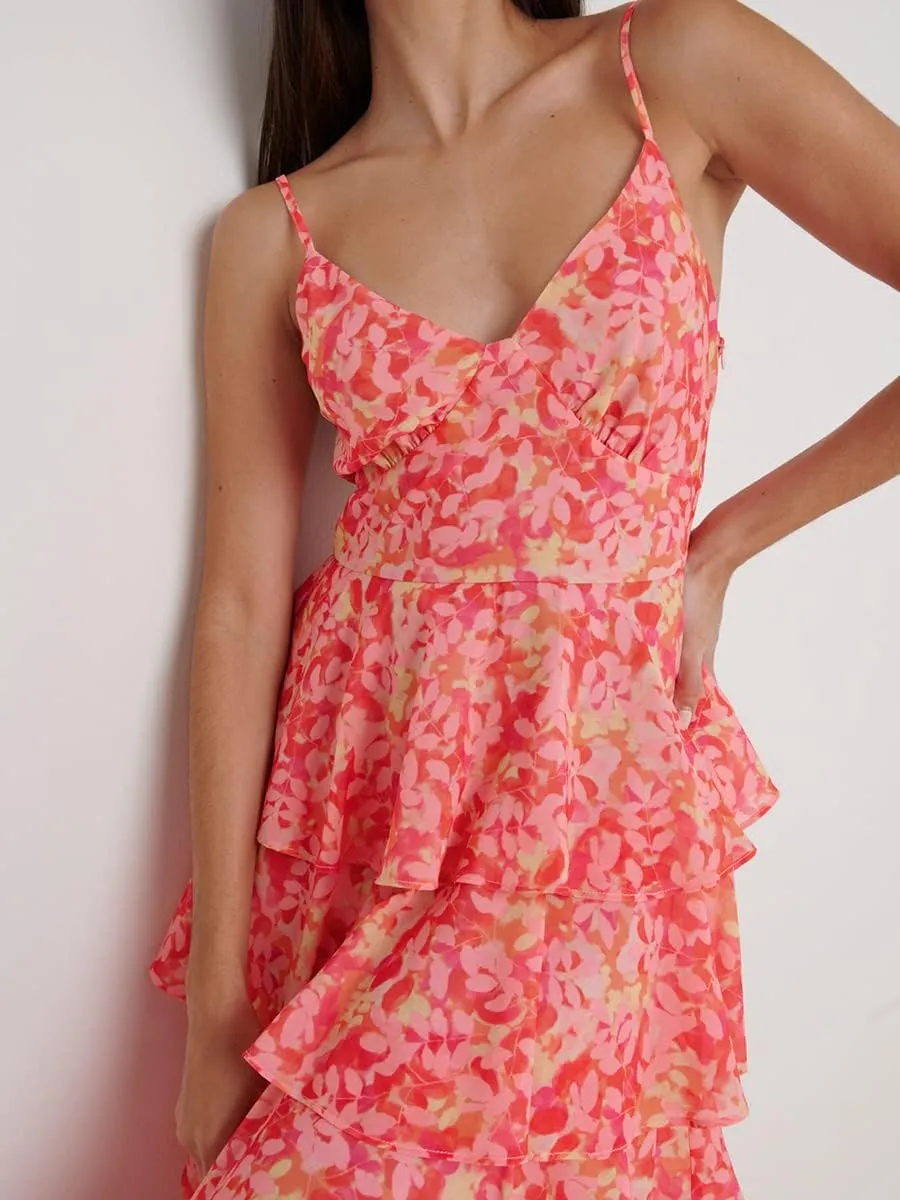 Chloefairy Sexy Women's Floral Cake Dress Sleeveless Ruffle Tiered V-Neck Summer Cami Maxi Dress Beach Party Clubwear