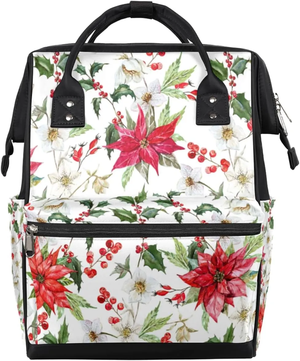 Christmas Hellebore Flowers Poinsettia Berries Diaper Bag Tote Large Capacity Waterproof with Adjustable Shoulder Strap and Pram Straps Mommy Bag for Hospital Beach Weekender Travel