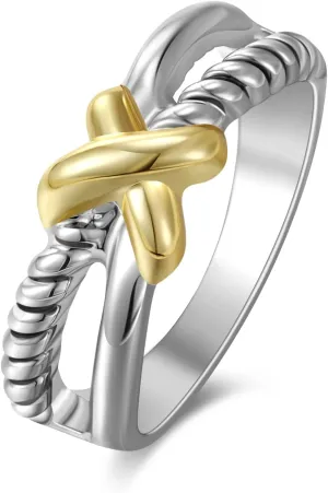 Chunky Band Rings for Women 2 Tone Intertwined Crossover Statement Ring, Cable Wire Twine Twisted Wide Index Finger Gold and Silver Ring Fashion Costume Jewelry Gifts for Her
