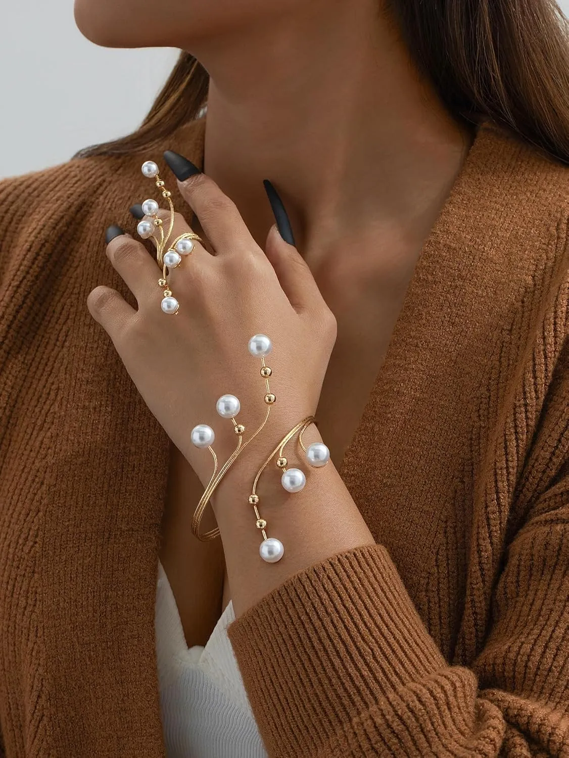 Chunky Cuff Bracelets Rings For Women Rhinestone Pearls Bracelet Ring Set Gold Chunky Bangle Bracelets Rings Set Prom Jewelry Sets for Women