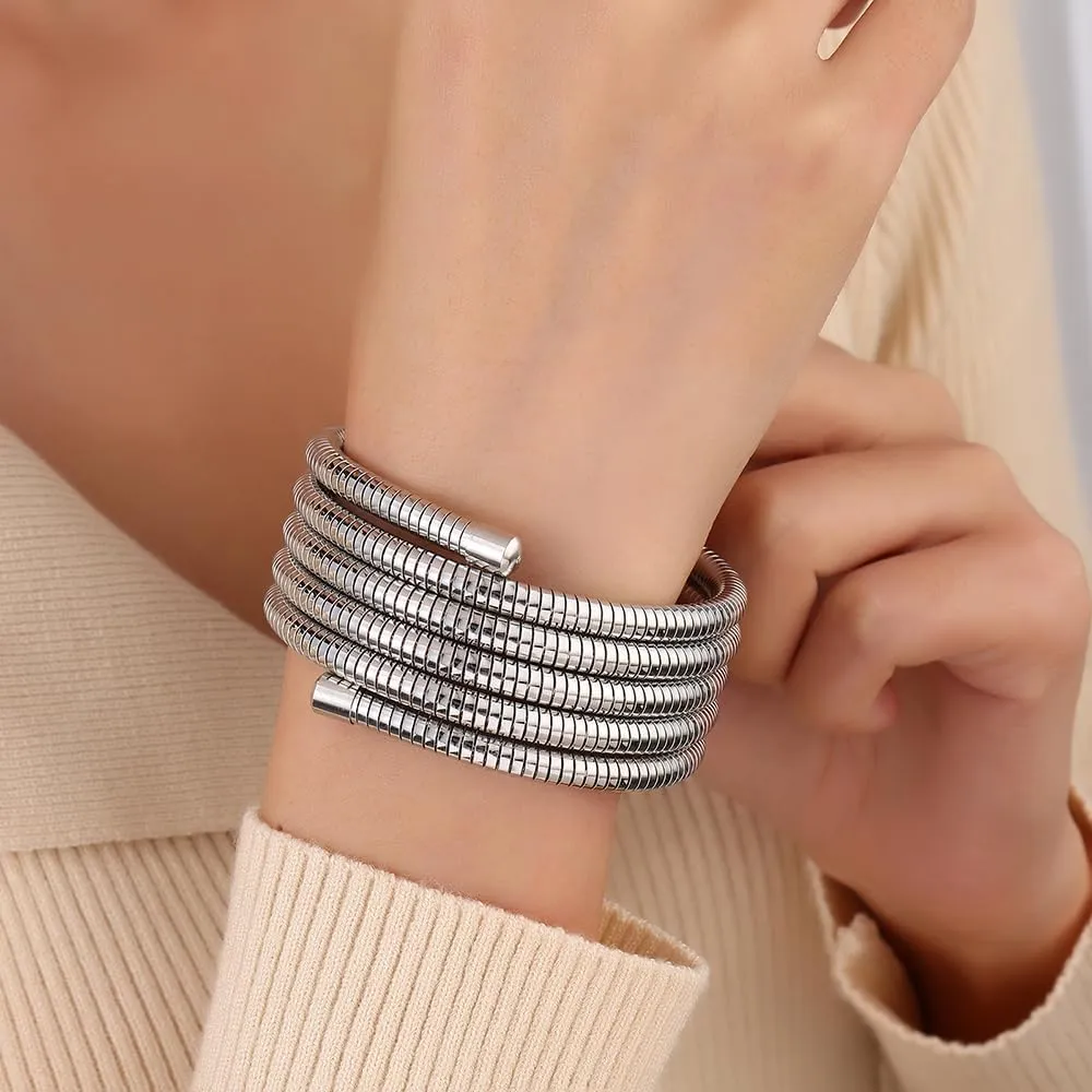 Chunky Gold Bangle Bracelets Sets for Women - Stackable Flexible Wide Wristband Snake Stretch Bracelets