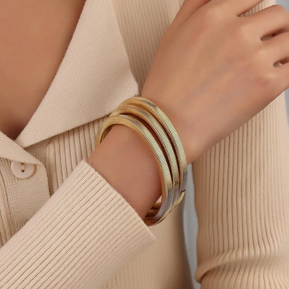 Chunky Gold Bangle Bracelets Sets for Women - Stackable Flexible Wide Wristband Snake Stretch Bracelets