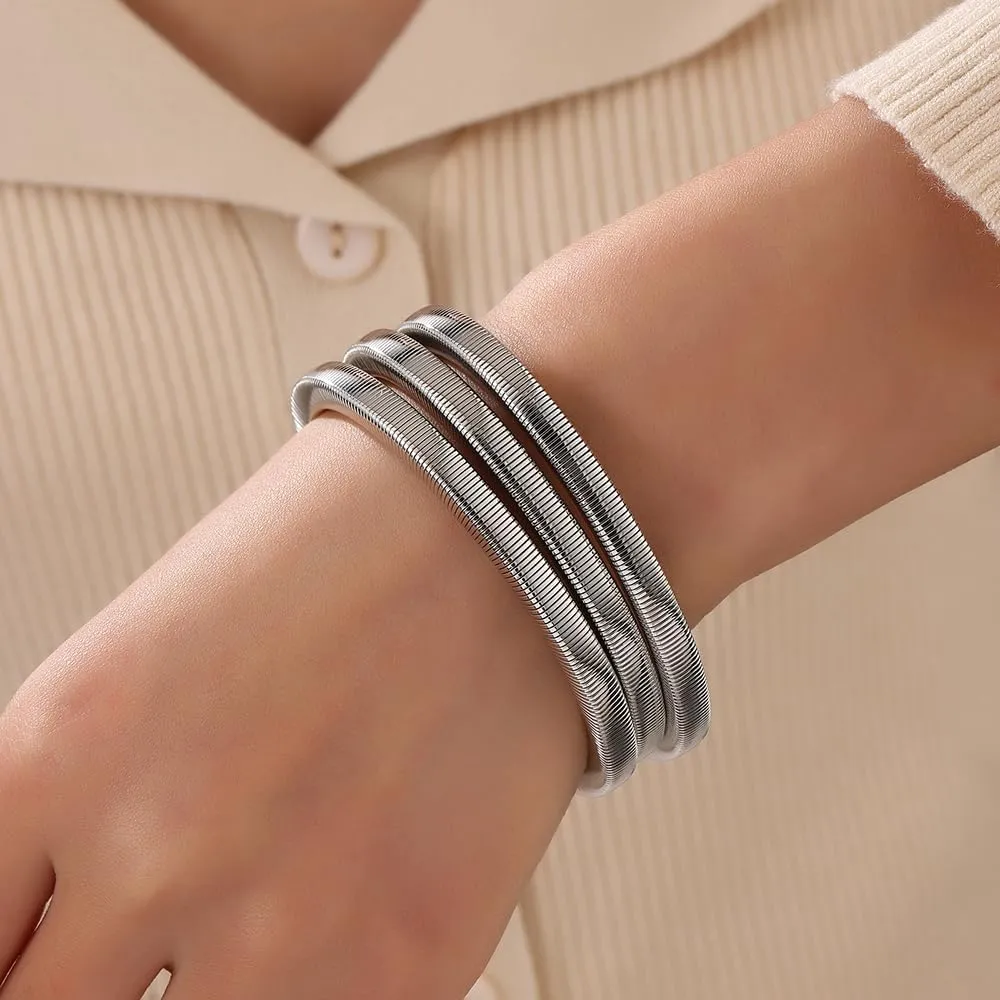 Chunky Gold Bangle Bracelets Sets for Women - Stackable Flexible Wide Wristband Snake Stretch Bracelets