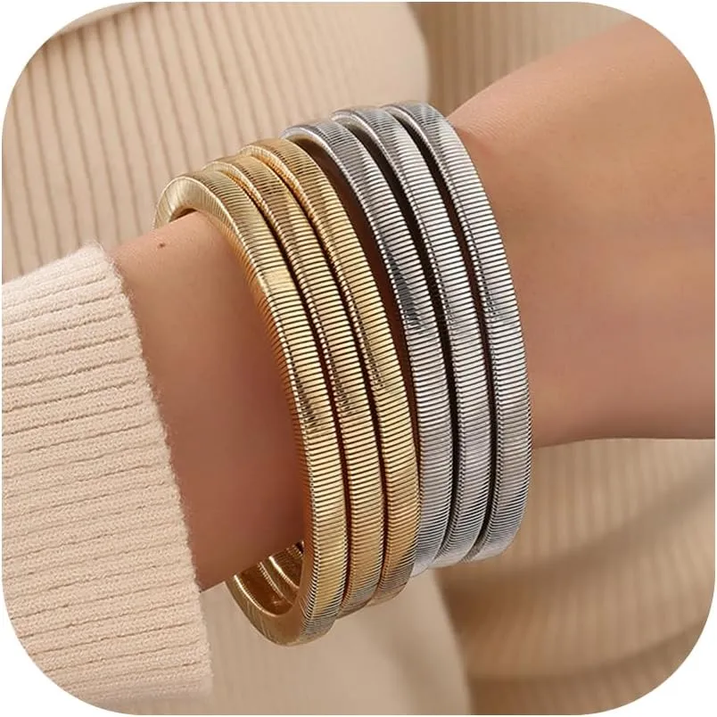 Chunky Gold Bangle Bracelets Sets for Women - Stackable Flexible Wide Wristband Snake Stretch Bracelets