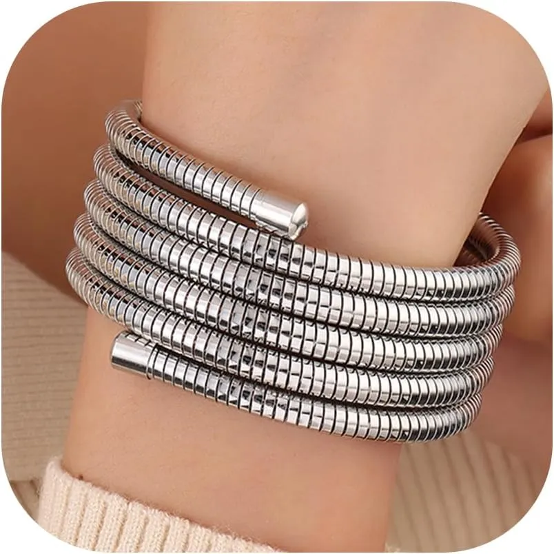 Chunky Gold Bangle Bracelets Sets for Women - Stackable Flexible Wide Wristband Snake Stretch Bracelets