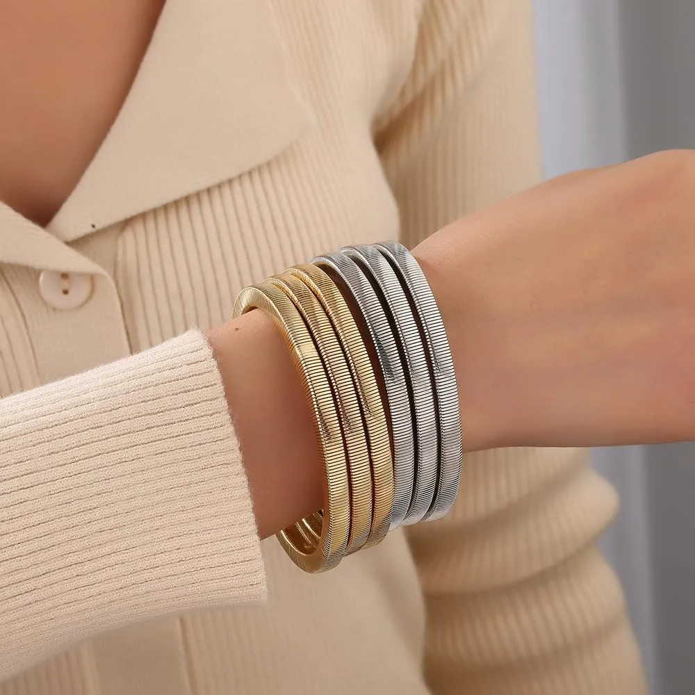 Chunky Gold Bangle Bracelets Sets for Women - Stackable Flexible Wide Wristband Snake Stretch Bracelets