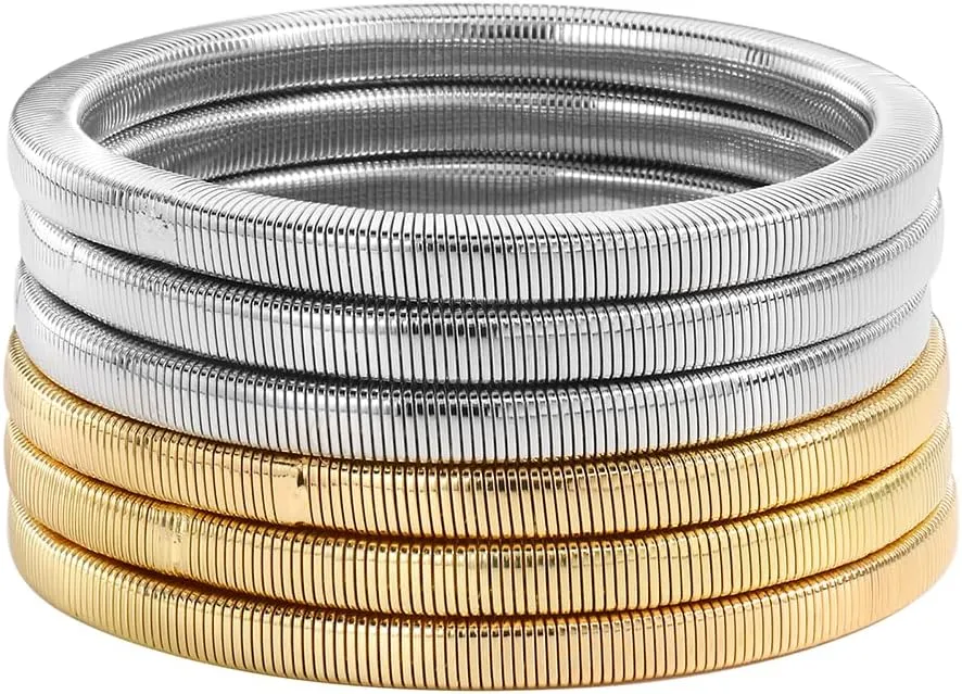 Chunky Gold Bangle Bracelets Sets for Women - Stackable Flexible Wide Wristband Snake Stretch Bracelets