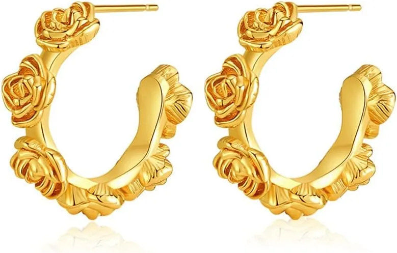 Chunky Gold Hoop Earrings for Women, 14K Gold Plated Hoop Earrings Lightweight Stainless Steel Hollow Open Hoops Hypoallergenic Earrings Fashion Jewelry for Women