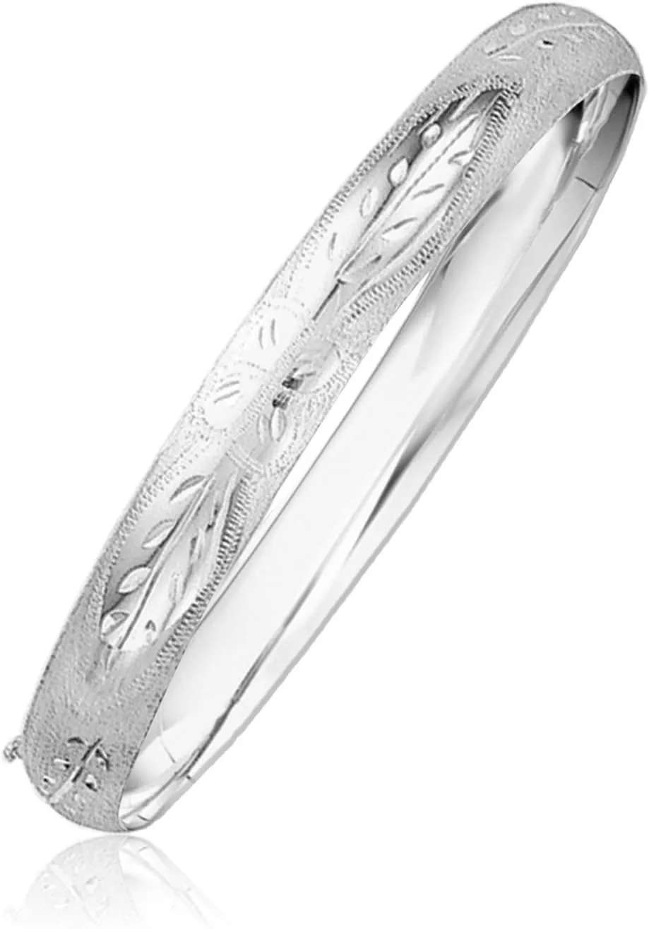 Classic Floral Carved 14k White Gold Bangle  8.0mm High Polish Bangle Jewelry for Women