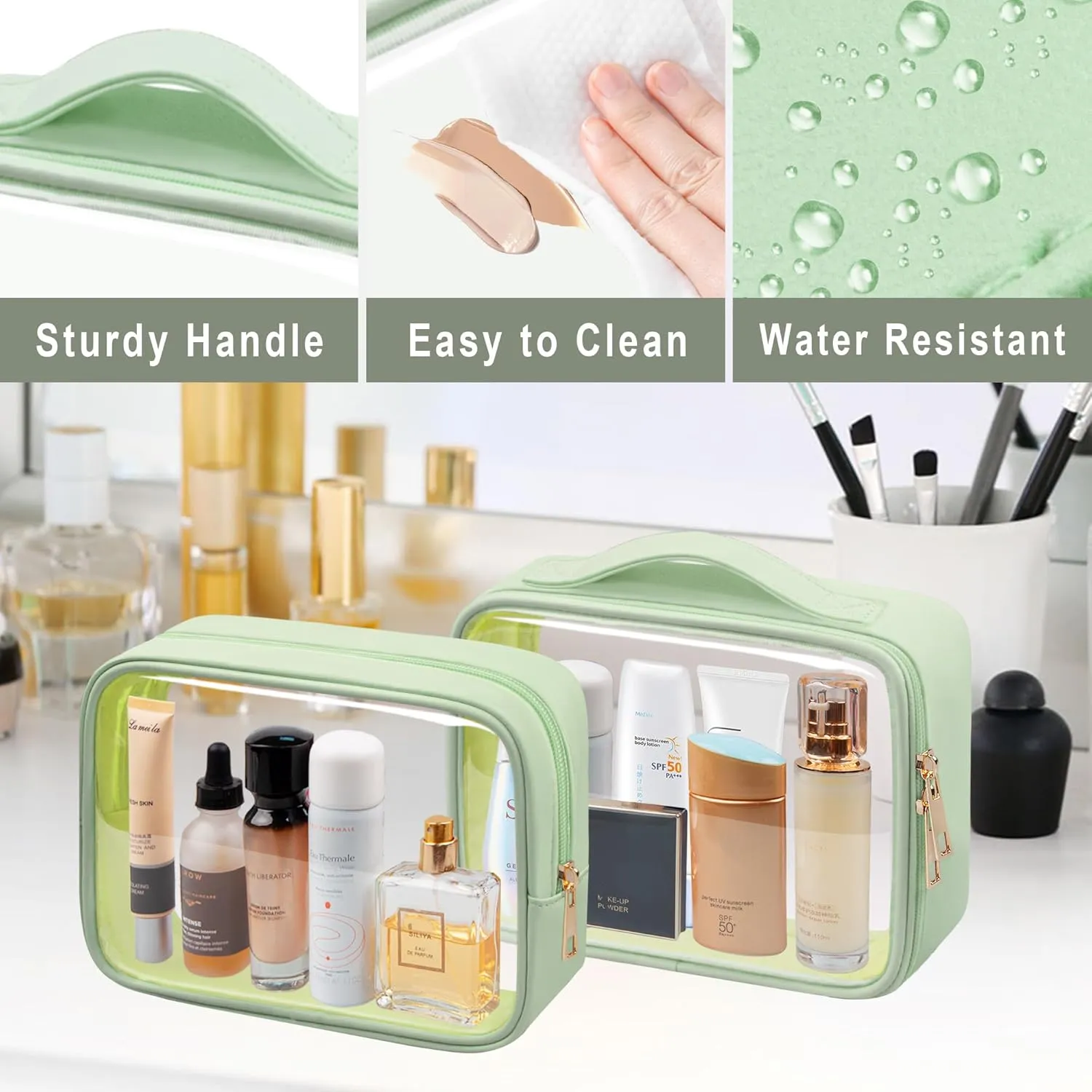 Clear Makeup Bag TSA Approved Toiletry Bag Waterproof Cosmetic Bag for Women Green 2Pcs
