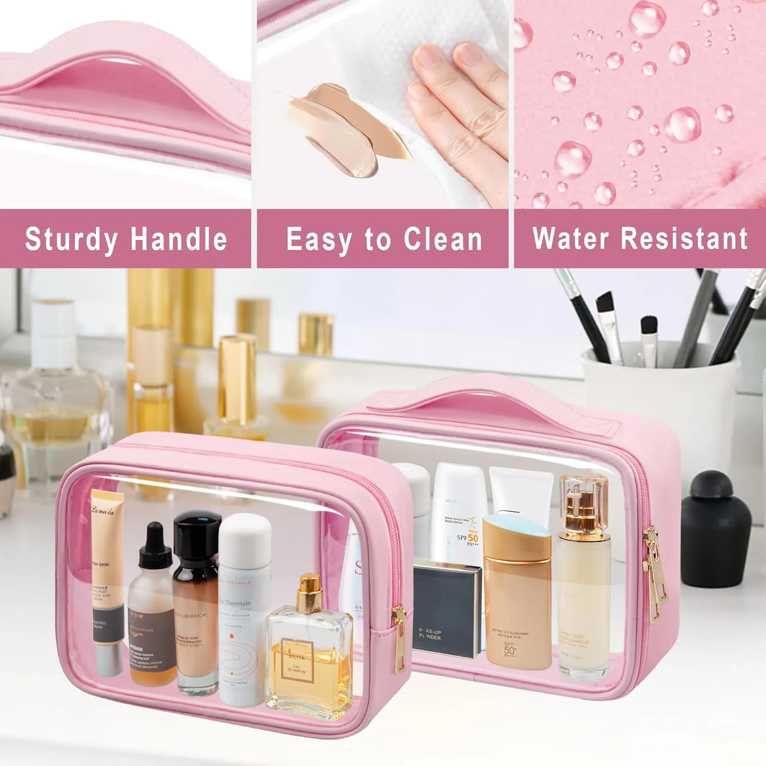 Clear Makeup Bag TSA Approved Toiletry Bag Waterproof Cosmetic Bag for Women Pink 2Pcs
