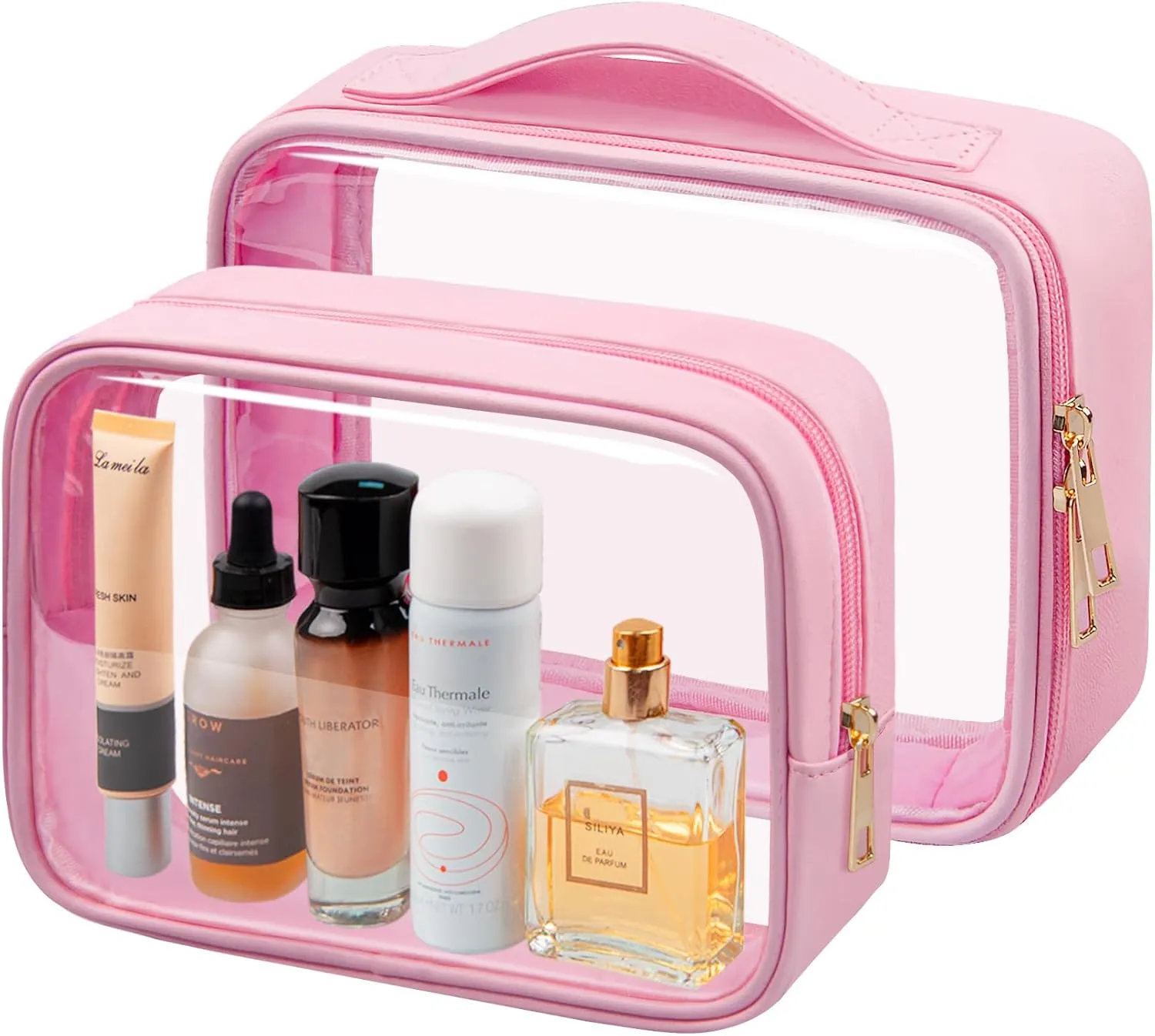 Clear Makeup Bag TSA Approved Toiletry Bag Waterproof Cosmetic Bag for Women Pink 2Pcs