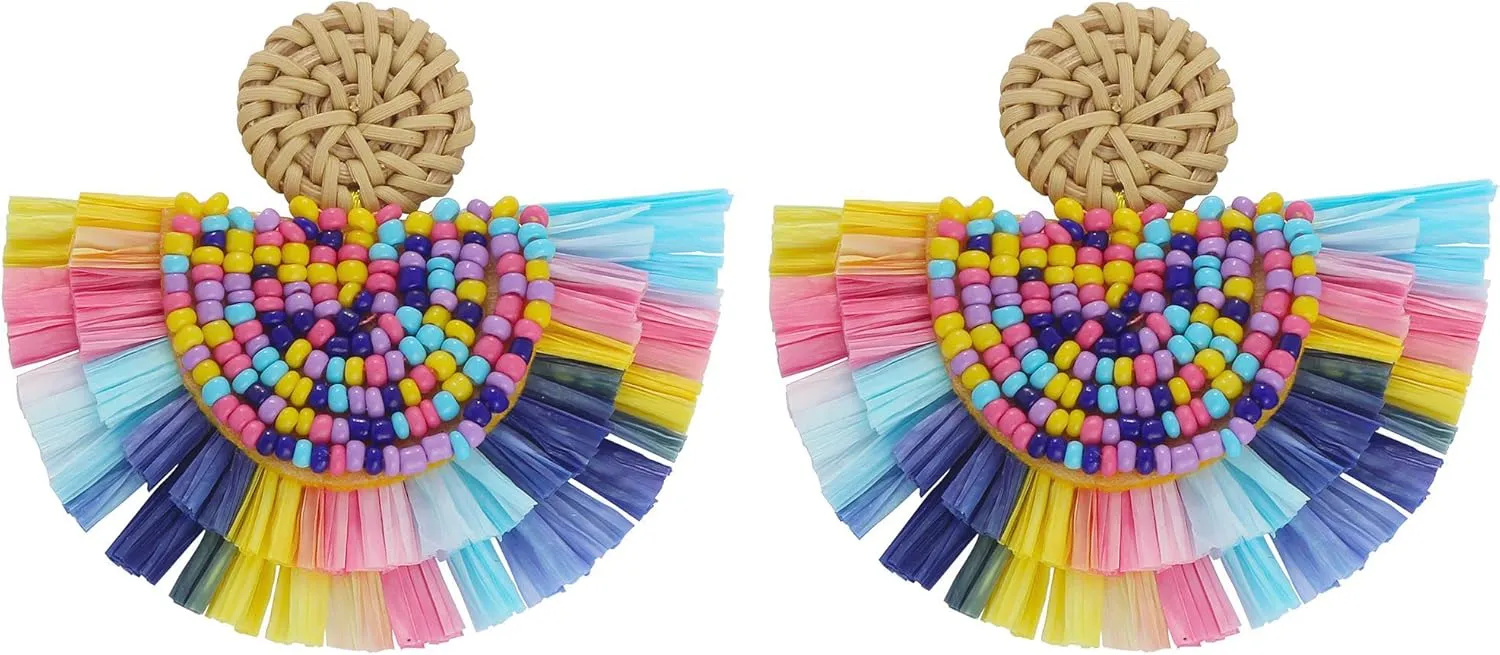 COIRIS Bohemia Beaded Fringe Statement Earrings with Long Dangling Tassel Raffia Earrings for Women