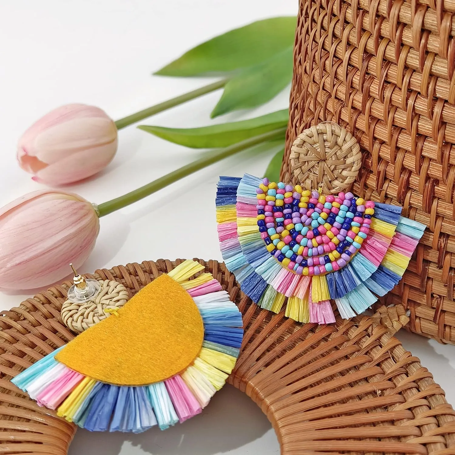 COIRIS Bohemia Beaded Fringe Statement Earrings with Long Dangling Tassel Raffia Earrings for Women