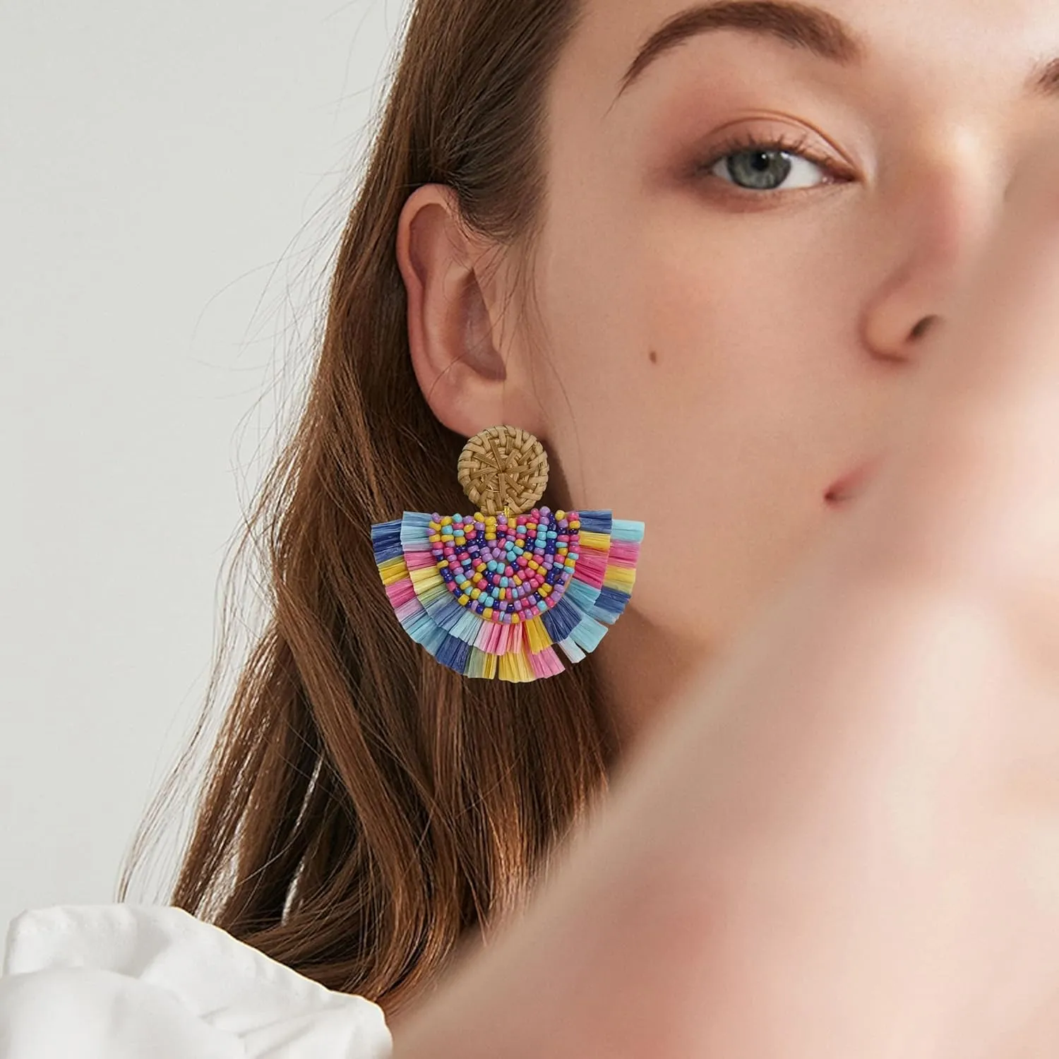 COIRIS Bohemia Beaded Fringe Statement Earrings with Long Dangling Tassel Raffia Earrings for Women