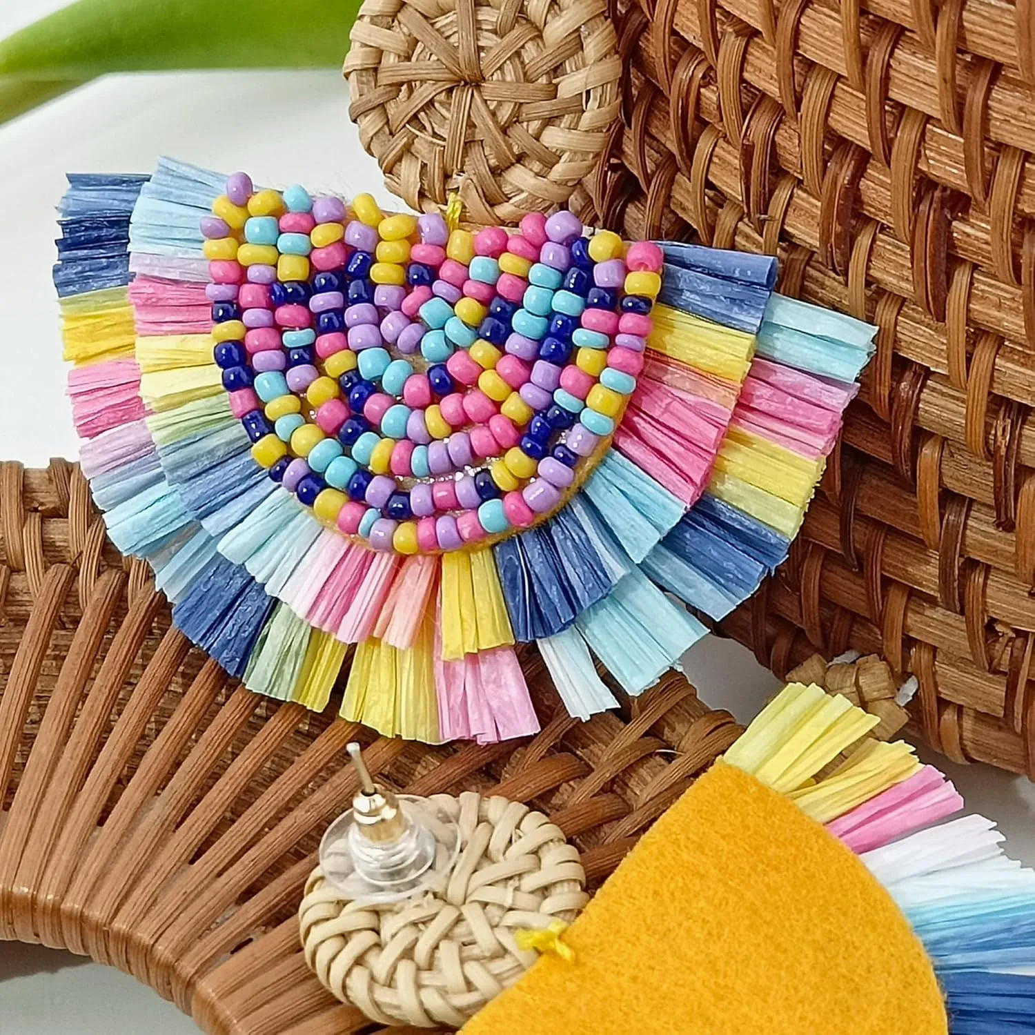 COIRIS Bohemia Beaded Fringe Statement Earrings with Long Dangling Tassel Raffia Earrings for Women