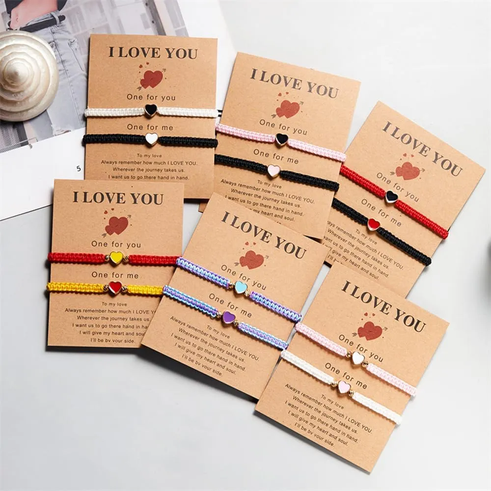 COLORFUL BLING 2Pcs Love Heart Bracelet Adjustable Thread String Protection Long Distance Matching Bracelet for His and Her Couples Friendships Relationship Jewelry