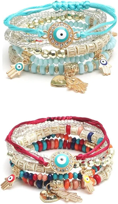 COLORFUL BLING 4/2 Sets Bohemian Stretch Beads Bracelets Multilayer Evil Eye Hamsa Hand Bracelet Boho Charms Stackable Bracelet Handmade Multicolor Crystal Beaded Lucky Protection Bangles Strand Set