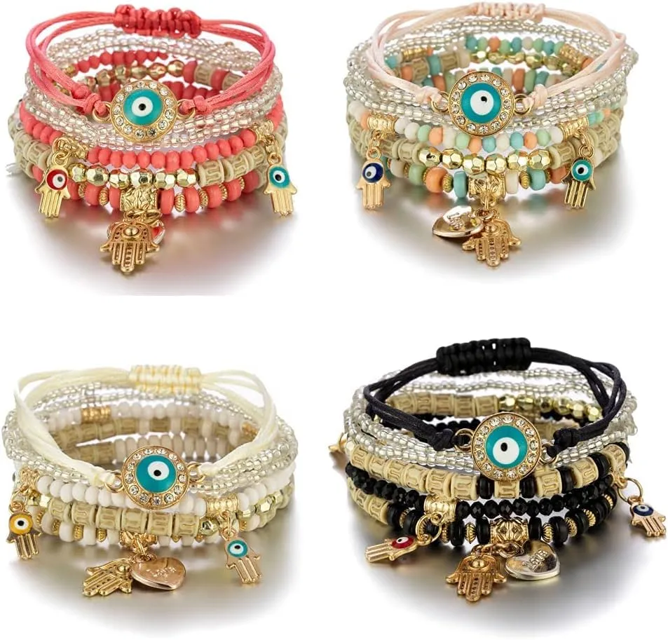 COLORFUL BLING 4/2 Sets Bohemian Stretch Beads Bracelets Multilayer Evil Eye Hamsa Hand Bracelet Boho Charms Stackable Bracelet Handmade Multicolor Crystal Beaded Lucky Protection Bangles Strand Set