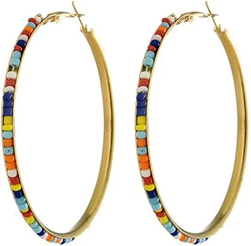 Colorful Bohemian Beaded Big Large Hoop Earrings for Women Sensitive Ears Dainty 14K Gold Plated Rainbow Round Circle Huggie Hypoallergenic Beach Hoops Minimalist Hooped Fashion Y2K Jewelry Gifts Bff Birthday Her Party 60mm